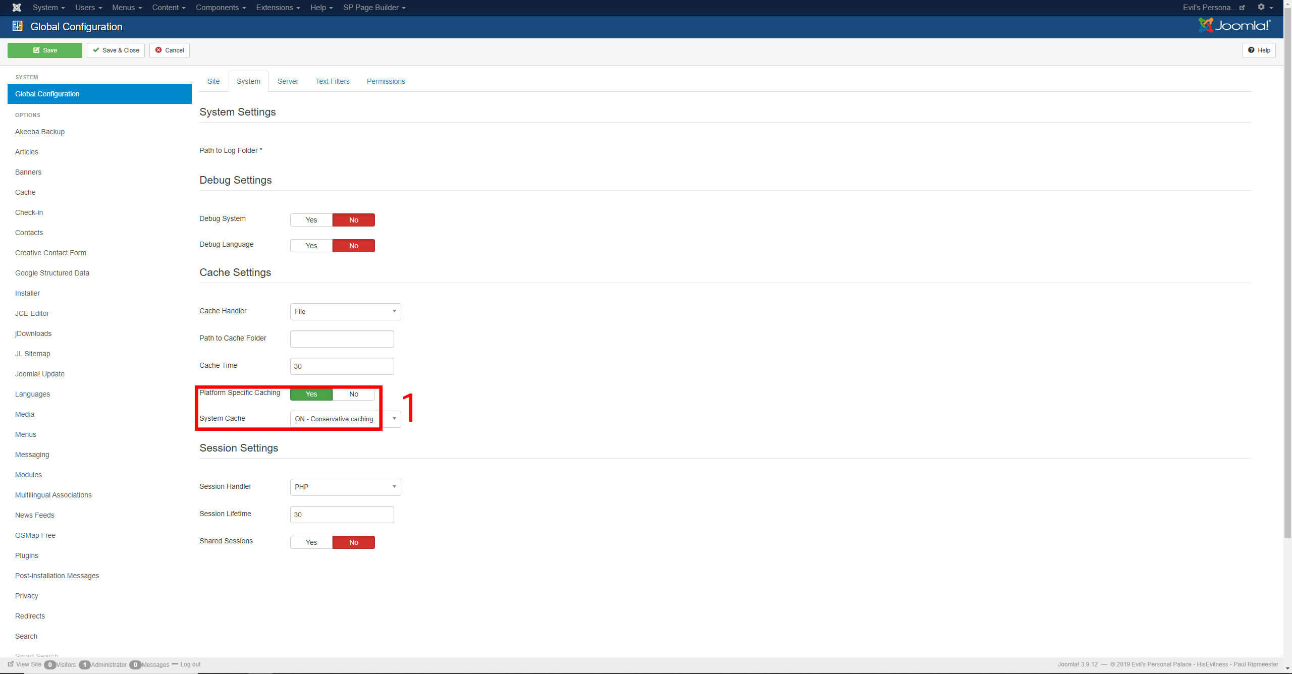 Joomla system configuration