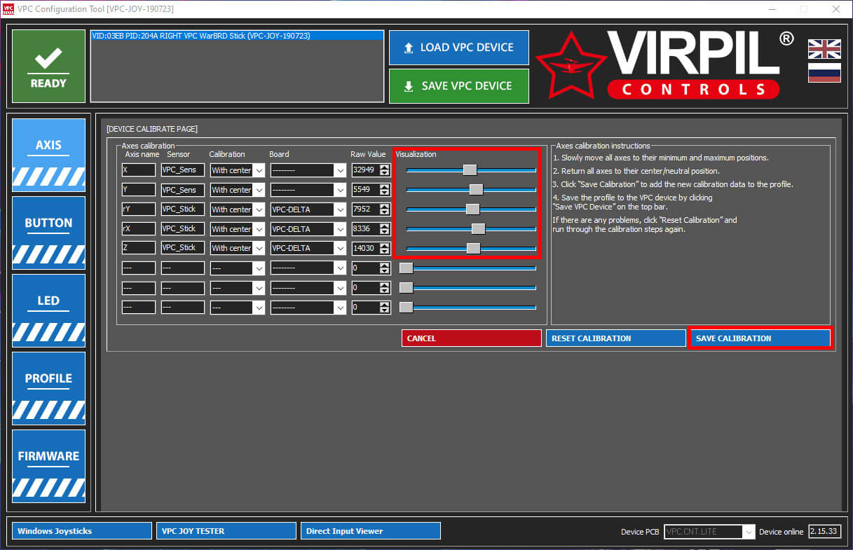 Axis calibration screen