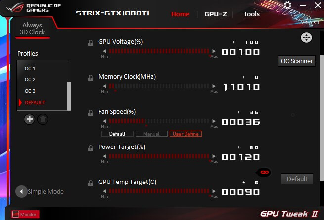 Default settings for GPU Tweak II