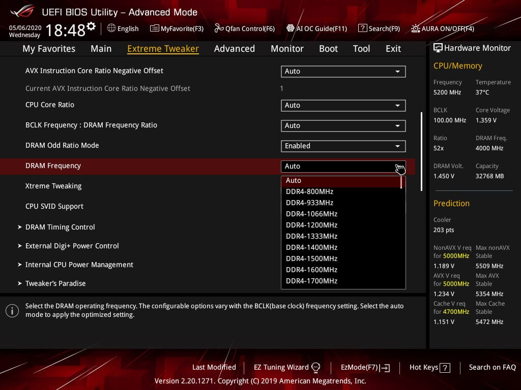 Frequencies selection tab