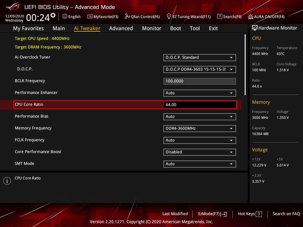 Core ratio for 4.4Ghz