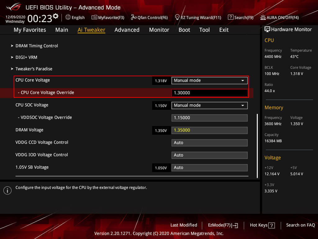 CPU core voltage for 4.4Ghz