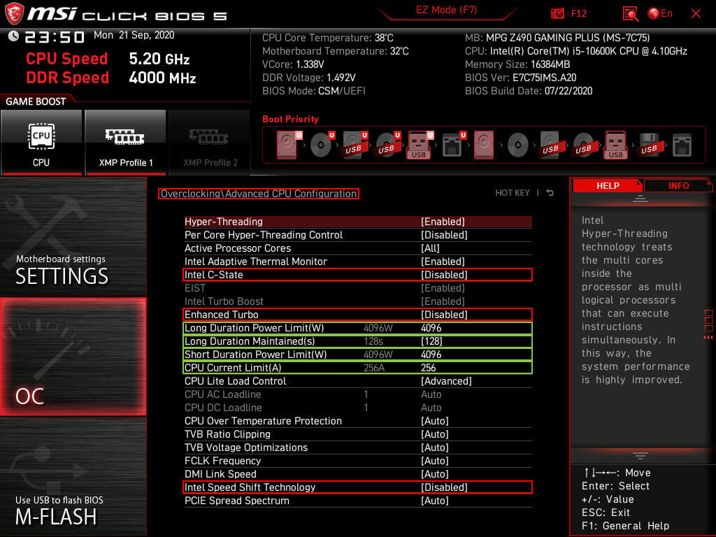 MSI click BIOS 5 advanced CPU configuration settings