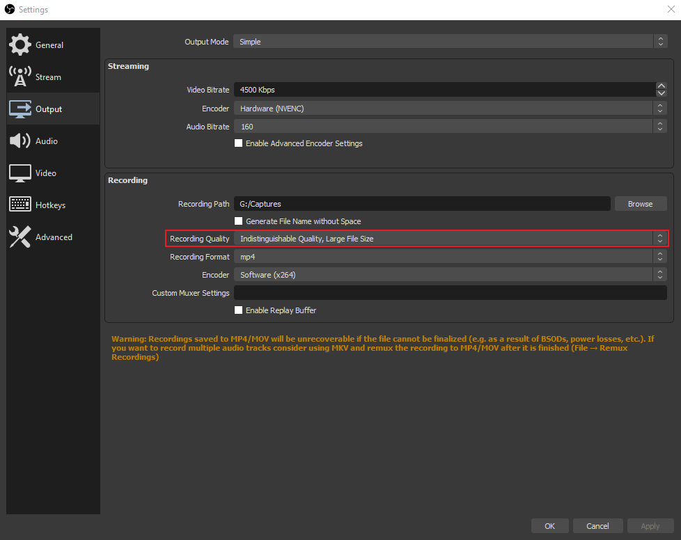 Recording settings for lossless.