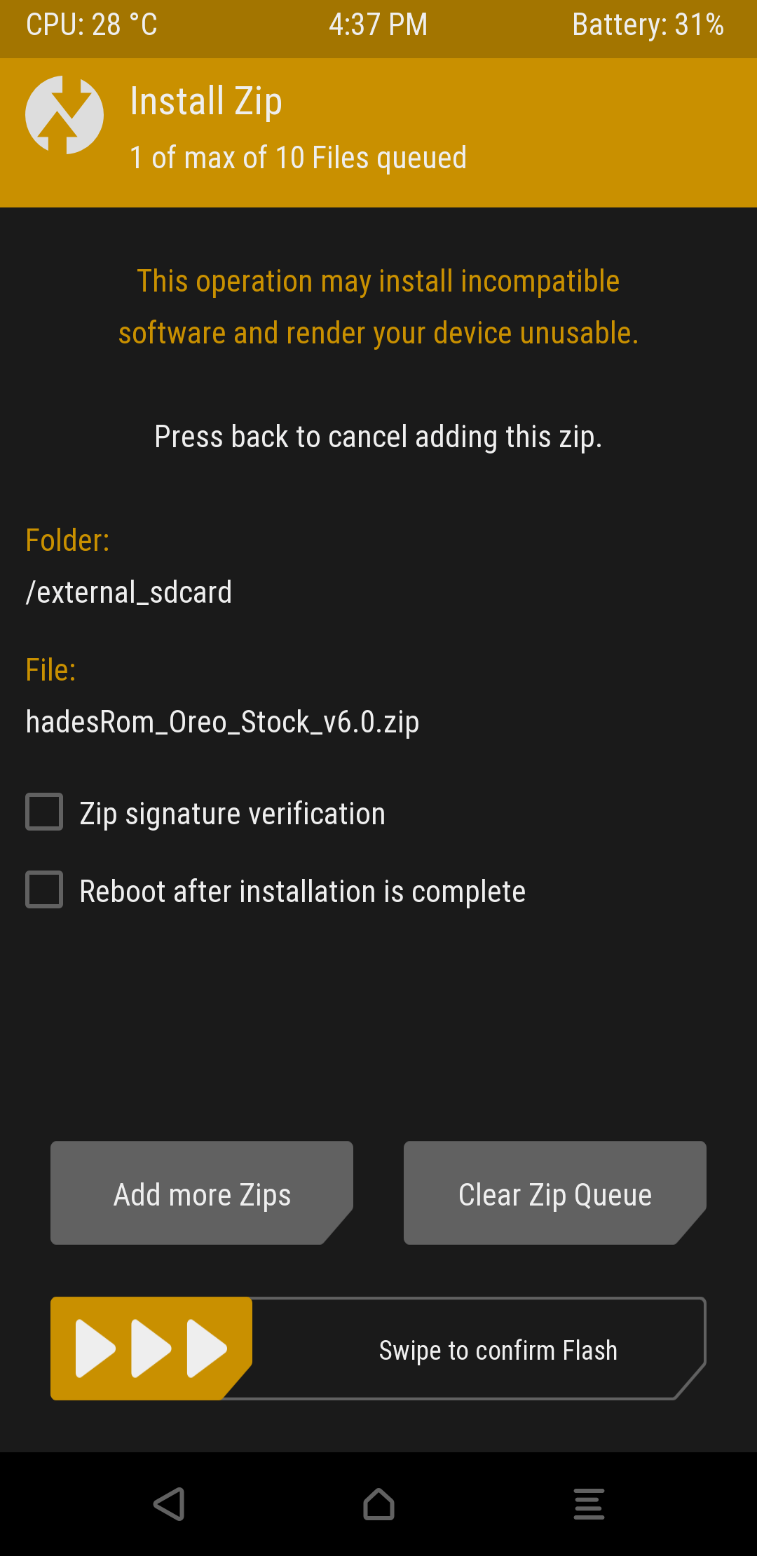 TWRP custom ROM install.